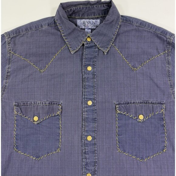Ryan Michael Mens Snap Shirt Size Medium Embroidered Western Cowboy Blue Plaid - Picture 1 of 10